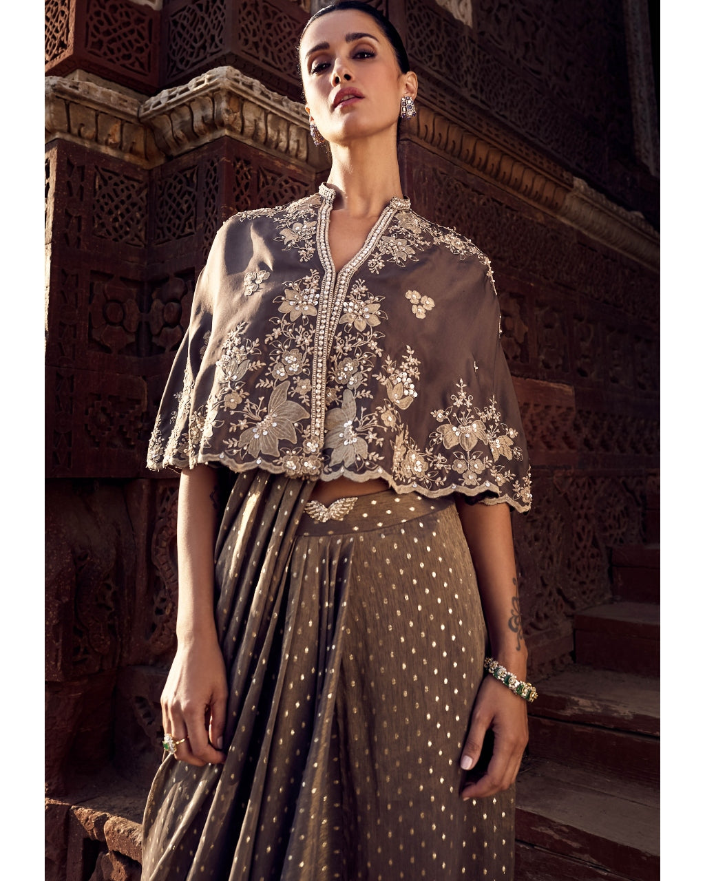 The Sona Patti Multani Mini Cape With The Iconic Wing Stitched Sari