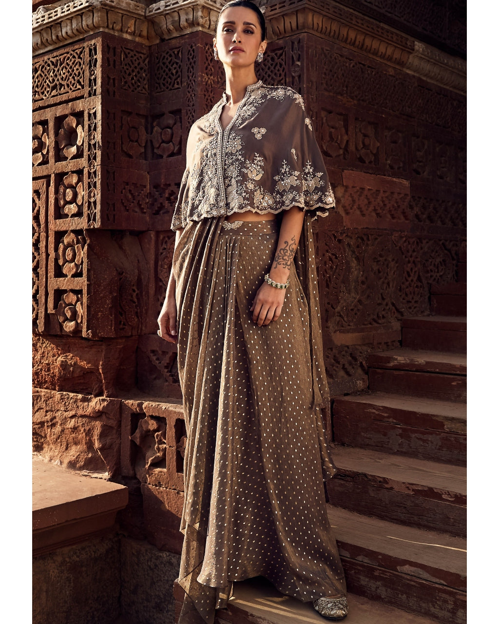 The Sona Patti Multani Mini Cape With The Iconic Wing Stitched Sari