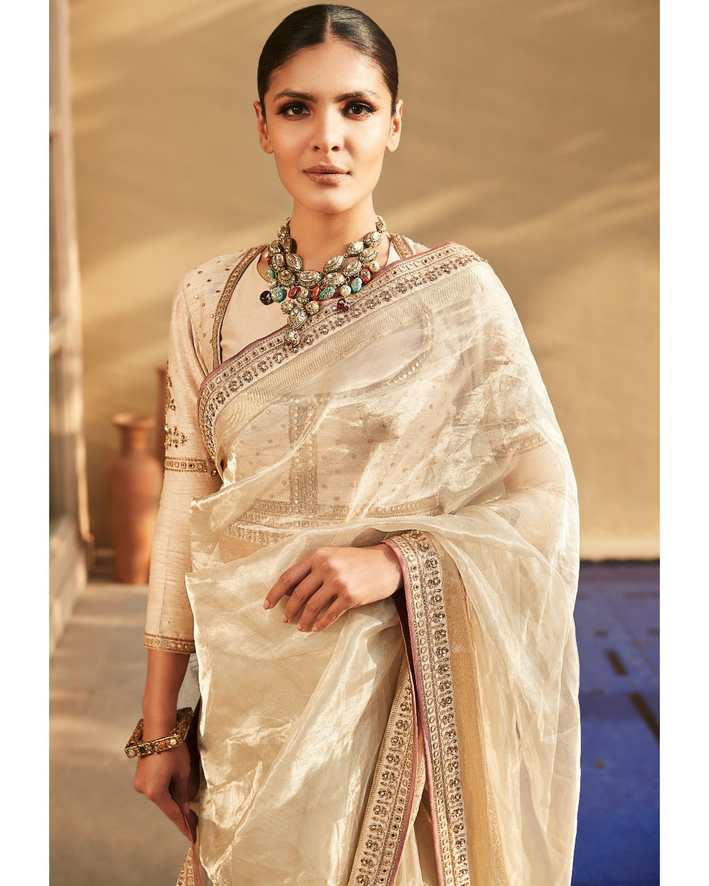 Suchcha Ekru Old Banaras Wrinkled Tissue Sari