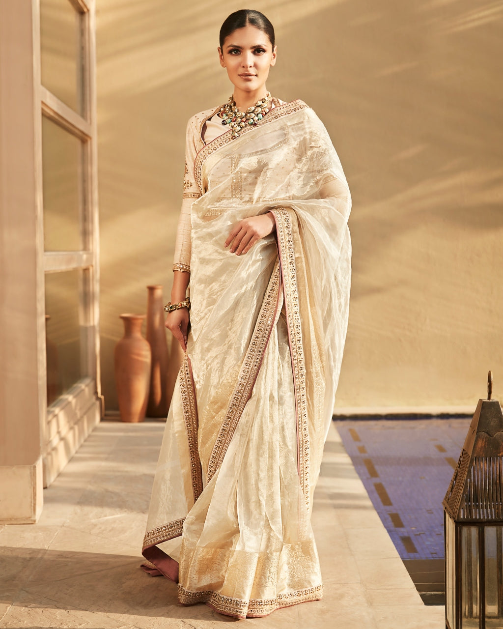 Suchcha Ekru Old Banaras Wrinkled Tissue Sari