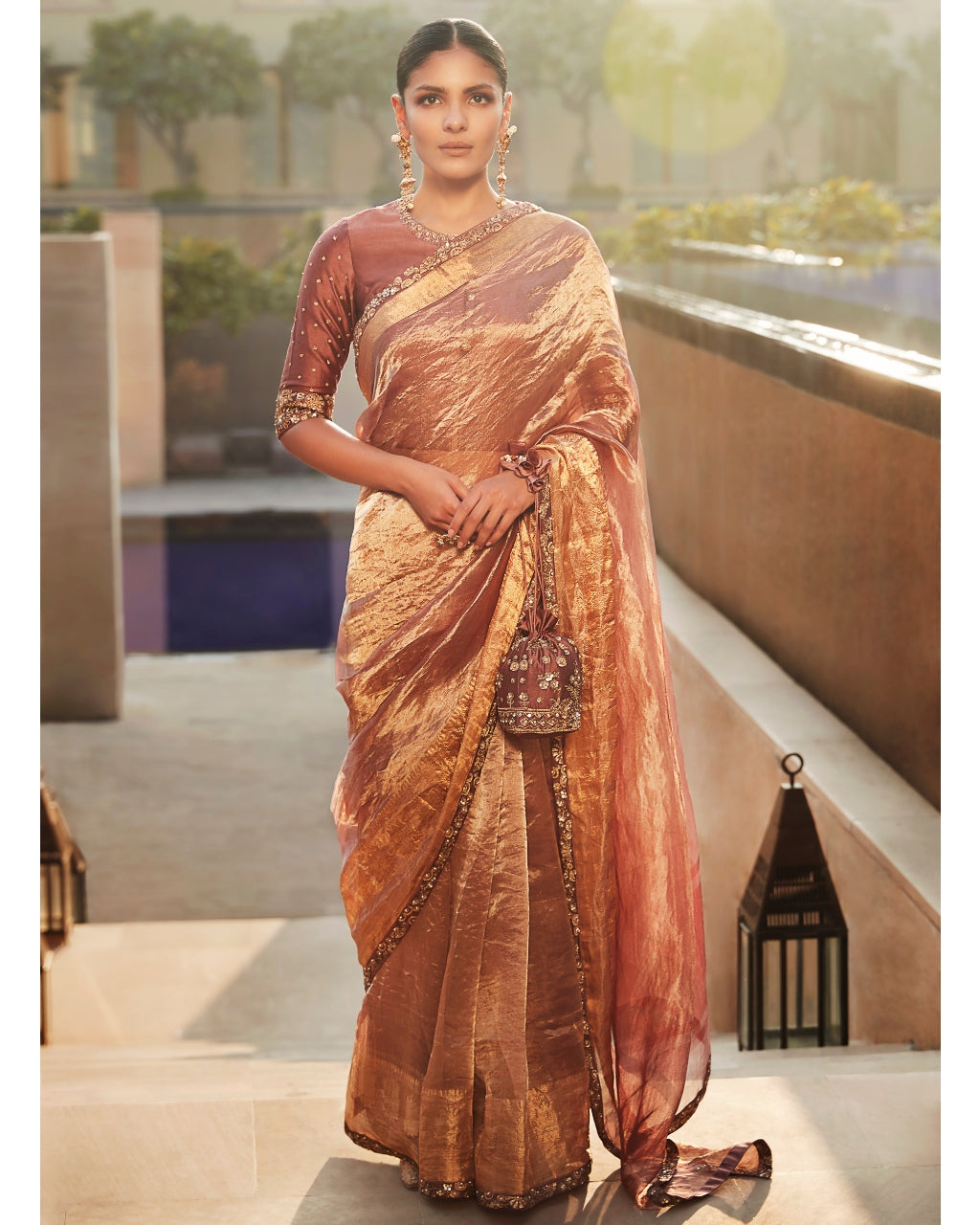 Old Rose Meera Wrinkled Tissue Sari