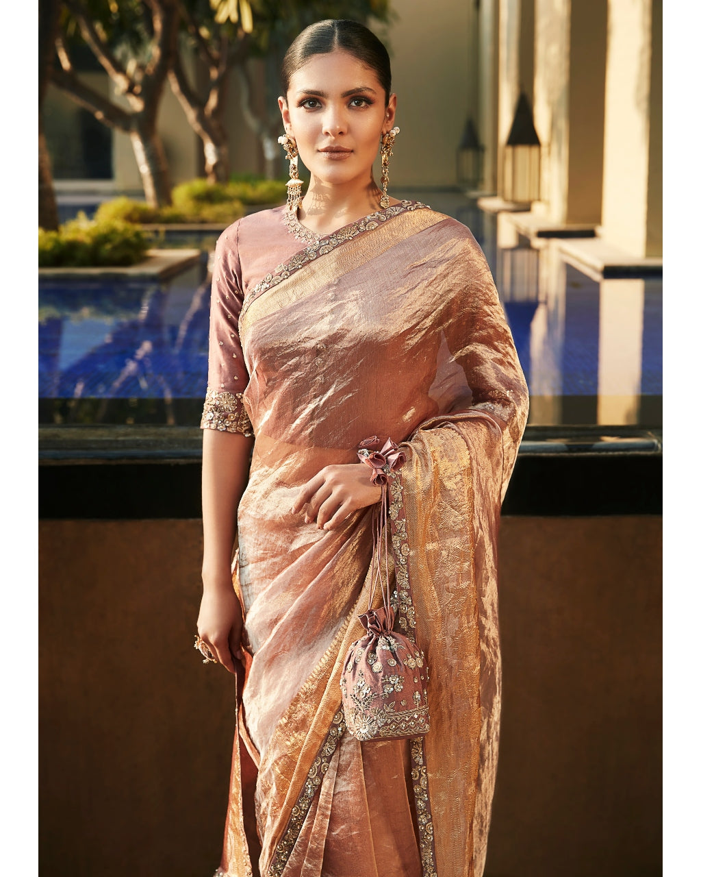 Old Rose Meera Wrinkled Tissue Sari