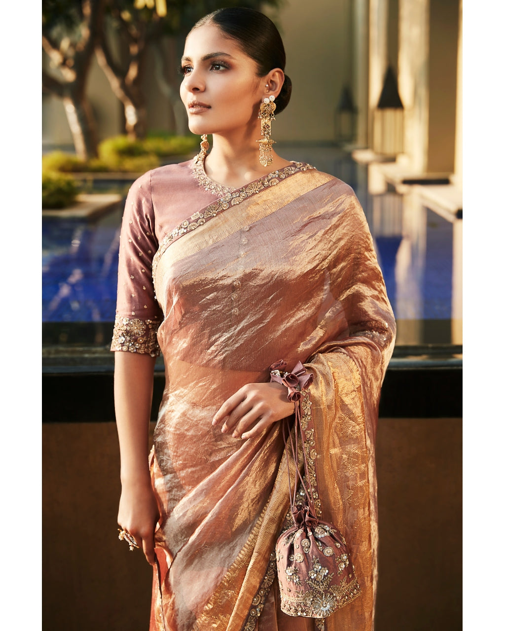 Old Rose Meera Wrinkled Tissue Sari