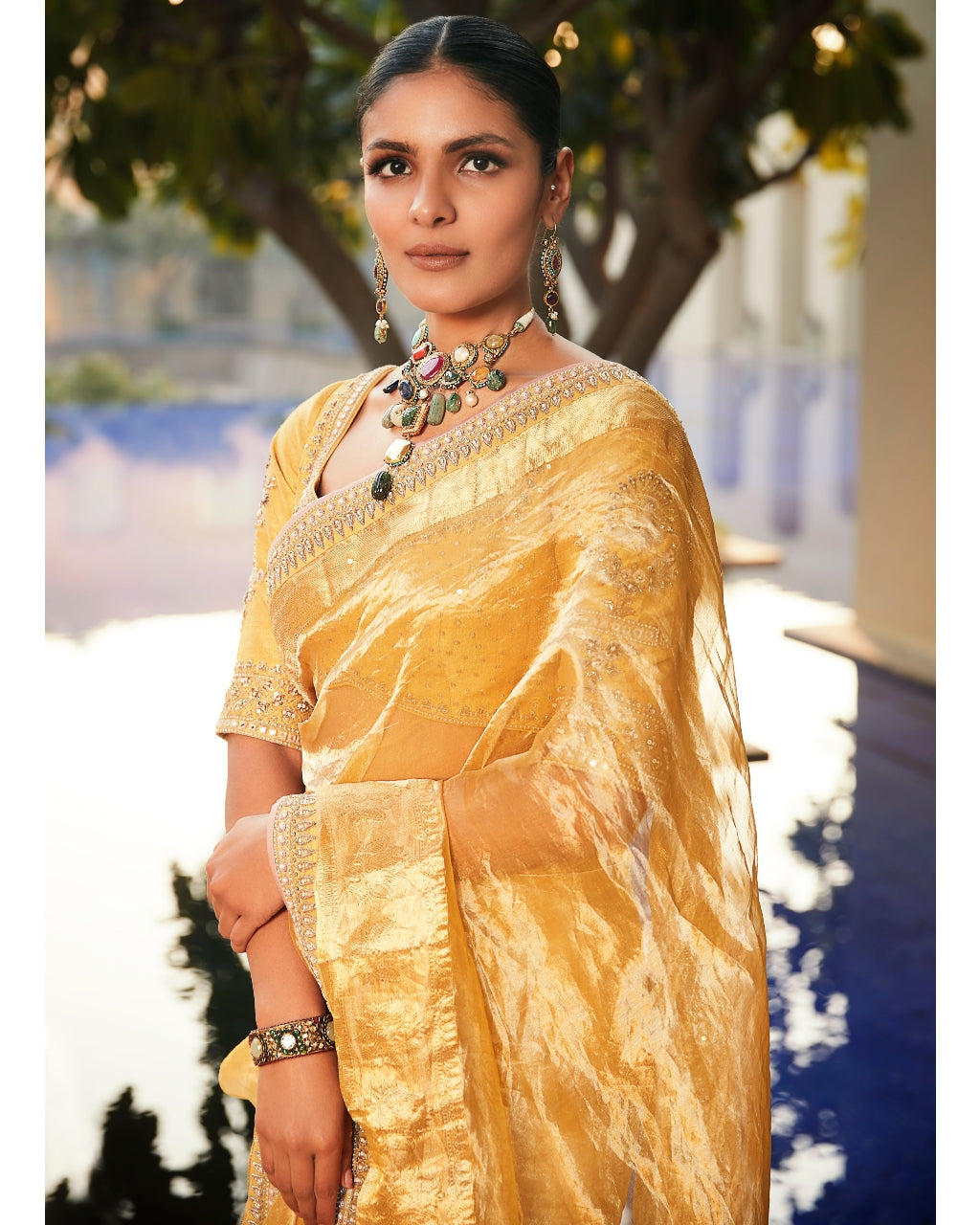 Haldi Yellow Sunaina Wrinkled Tissue Sari