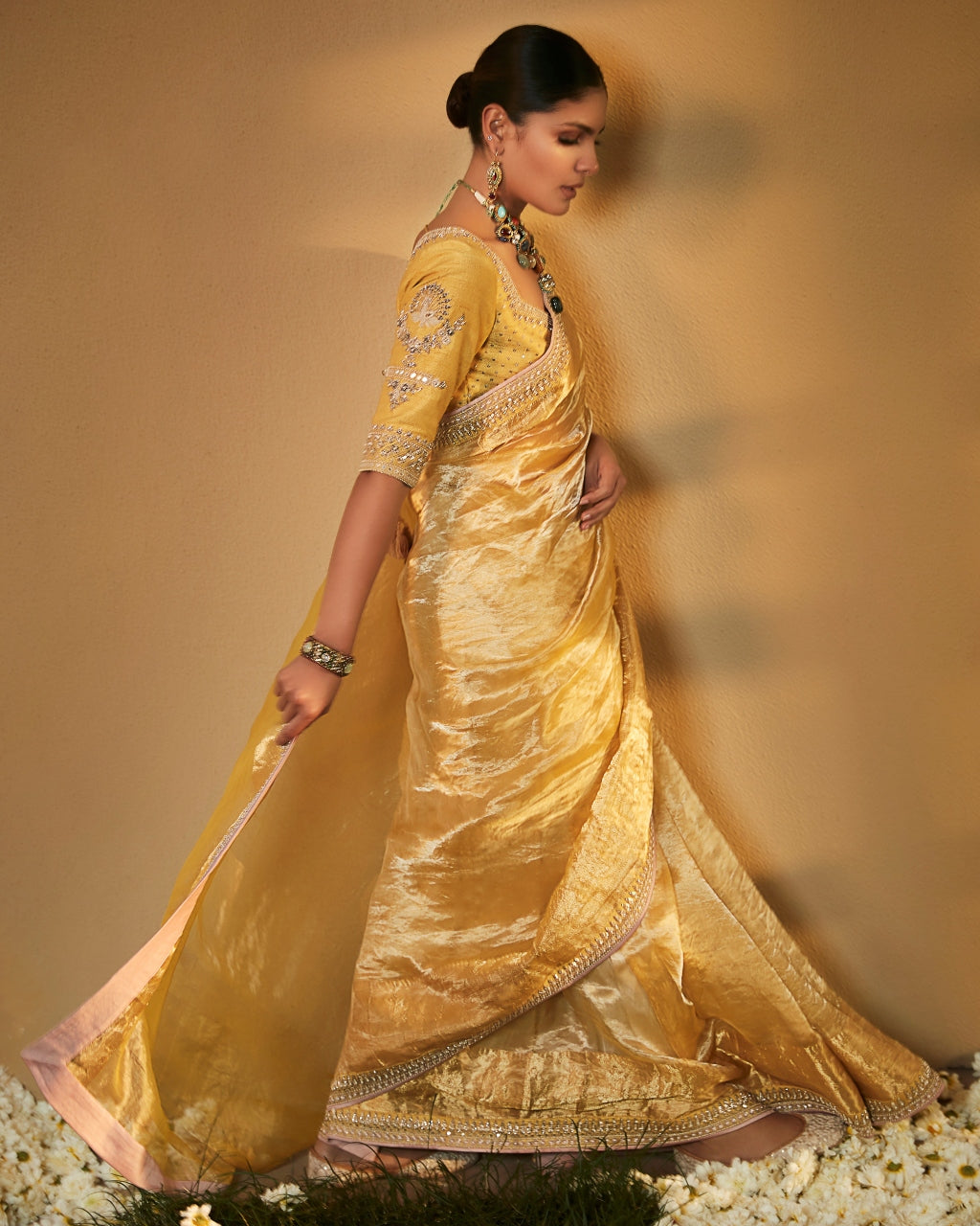 Haldi Yellow Sunaina Wrinkled Tissue Sari