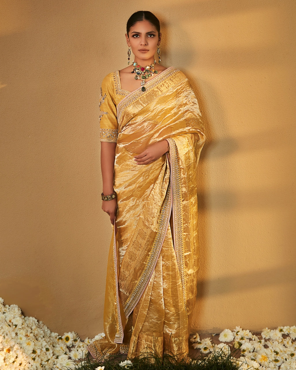 Haldi Yellow Sunaina Wrinkled Tissue Sari