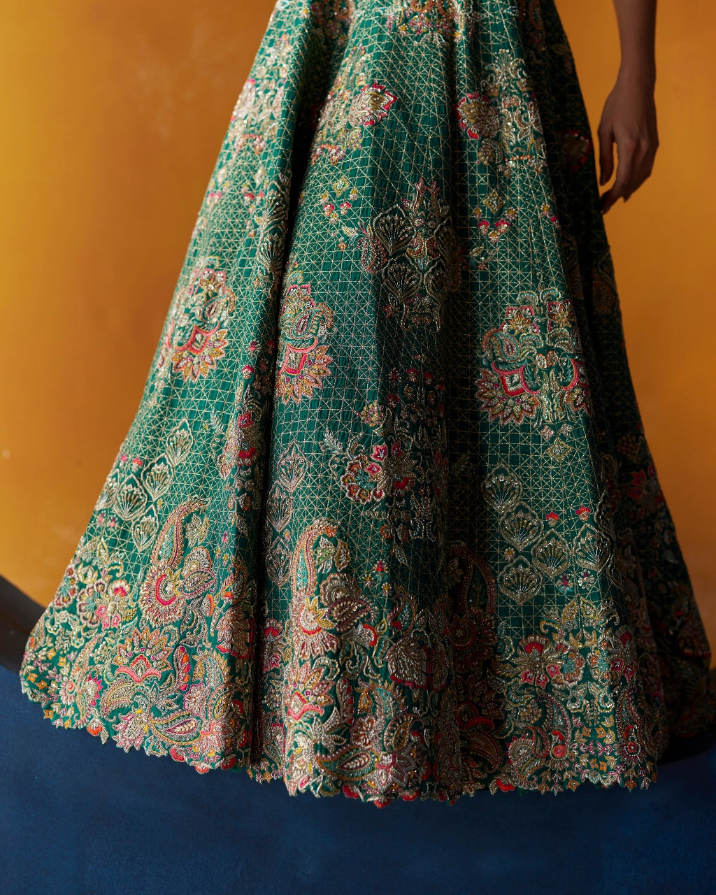 Rama Green Plunge Neck Embroidered Lehenga Set | Mrunalini Rao – KYNAH