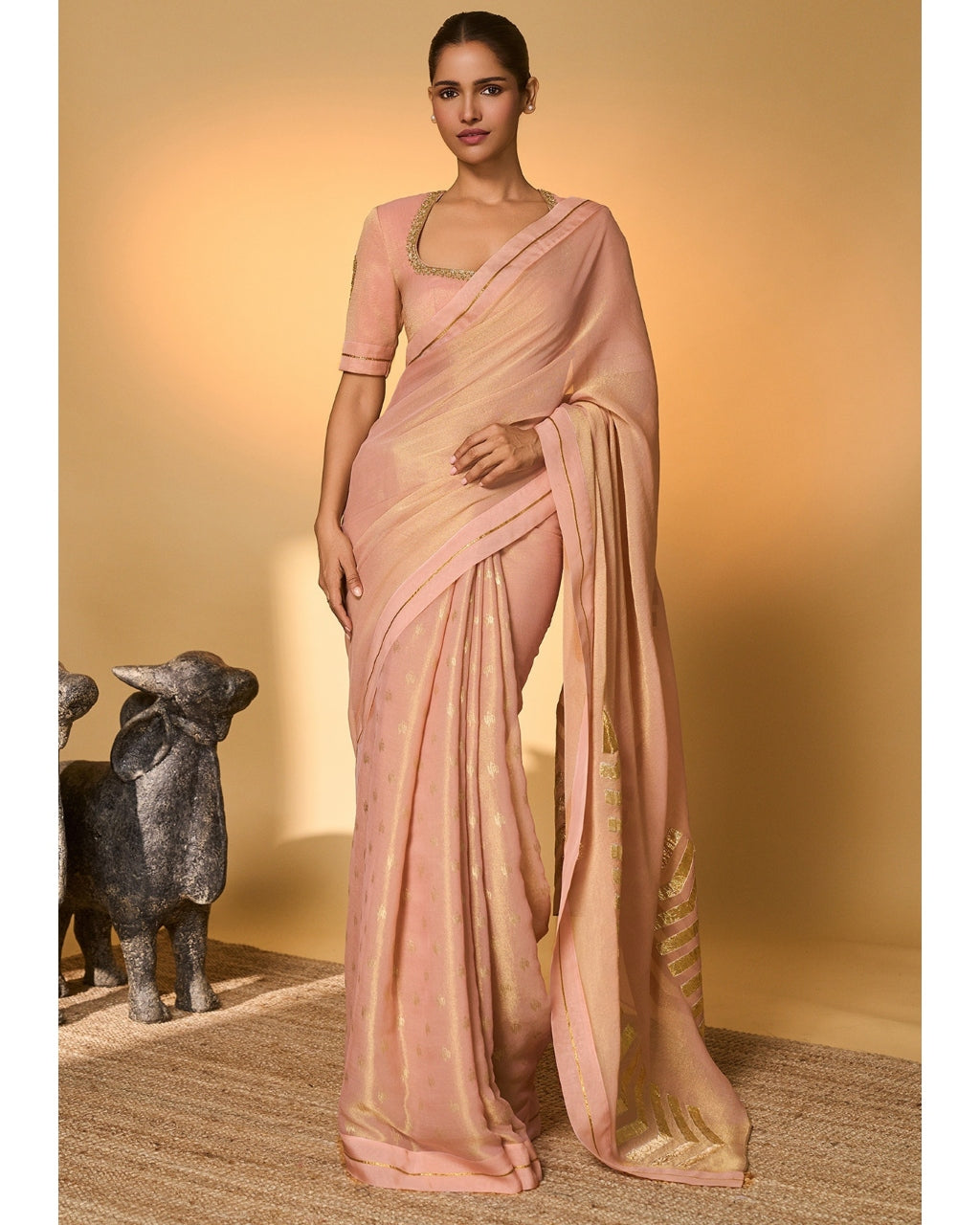 Baby Pink Droopy Bloom Gota Sari
