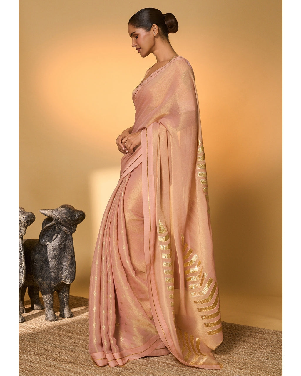 Baby Pink Droopy Bloom Gota Sari