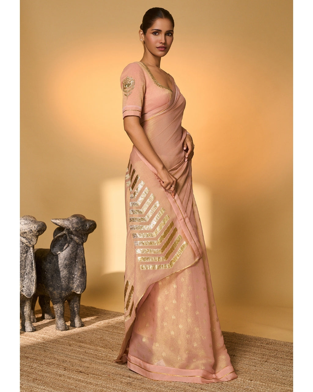Baby Pink Droopy Bloom Gota Sari