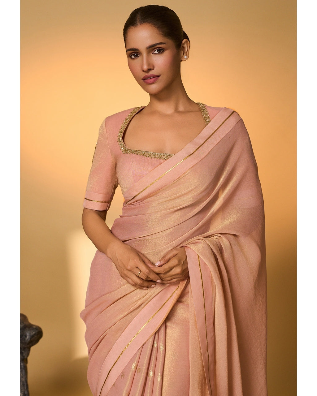 Baby Pink Droopy Bloom Gota Sari
