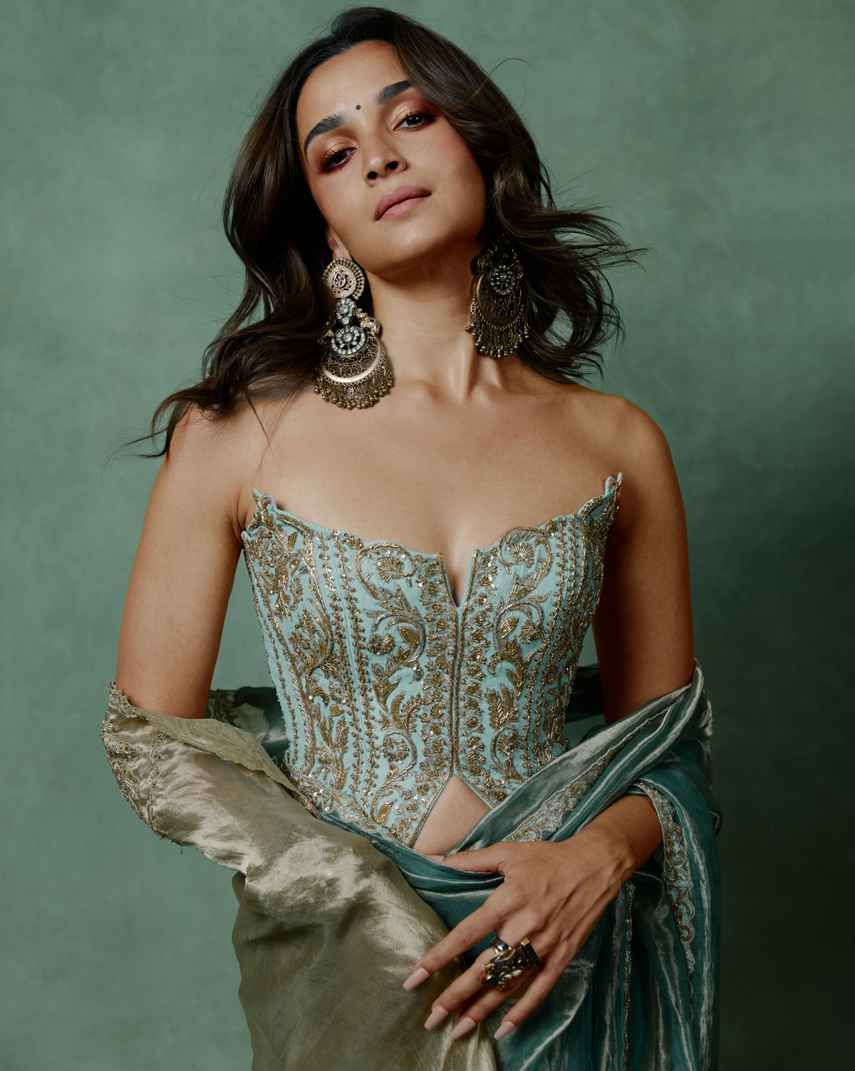 Aliaa Bhatt in Ocean Breeze Corset Sari