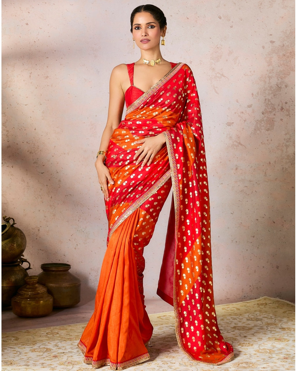 Rust Stripe Foil Sari Set