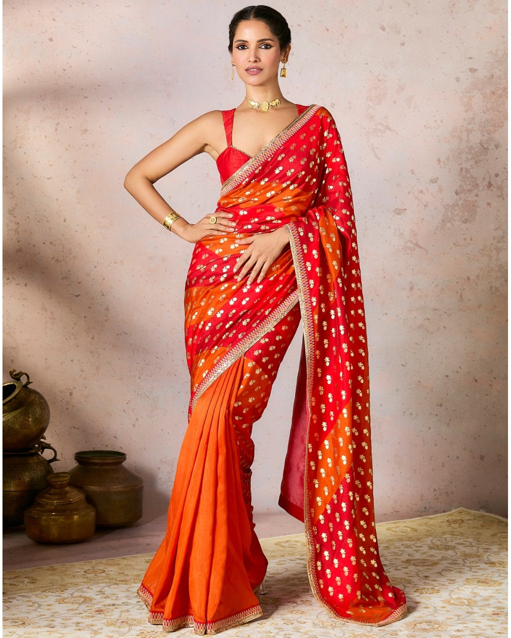 Rust Stripe Foil Sari Set