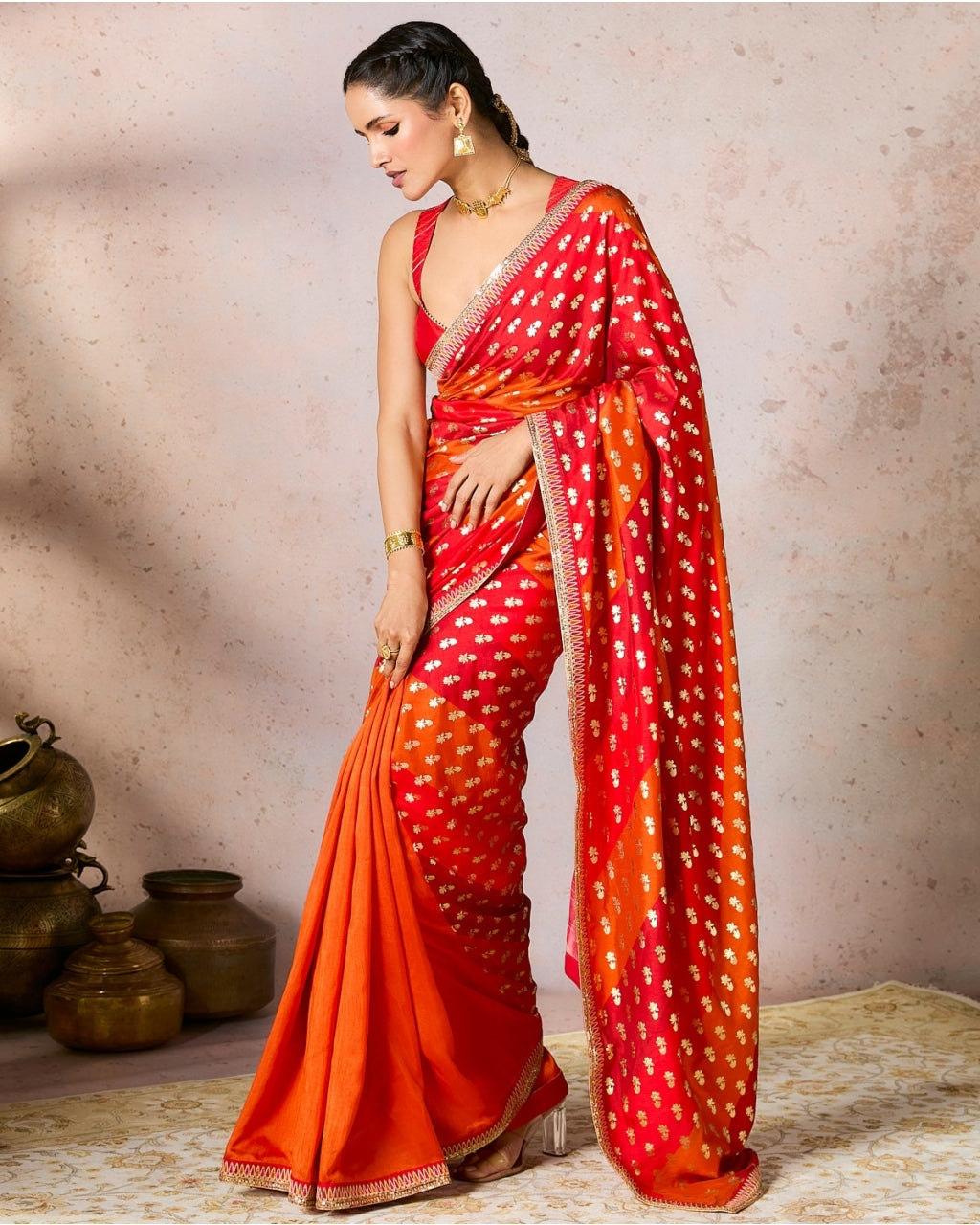 Rust Stripe Foil Sari Set