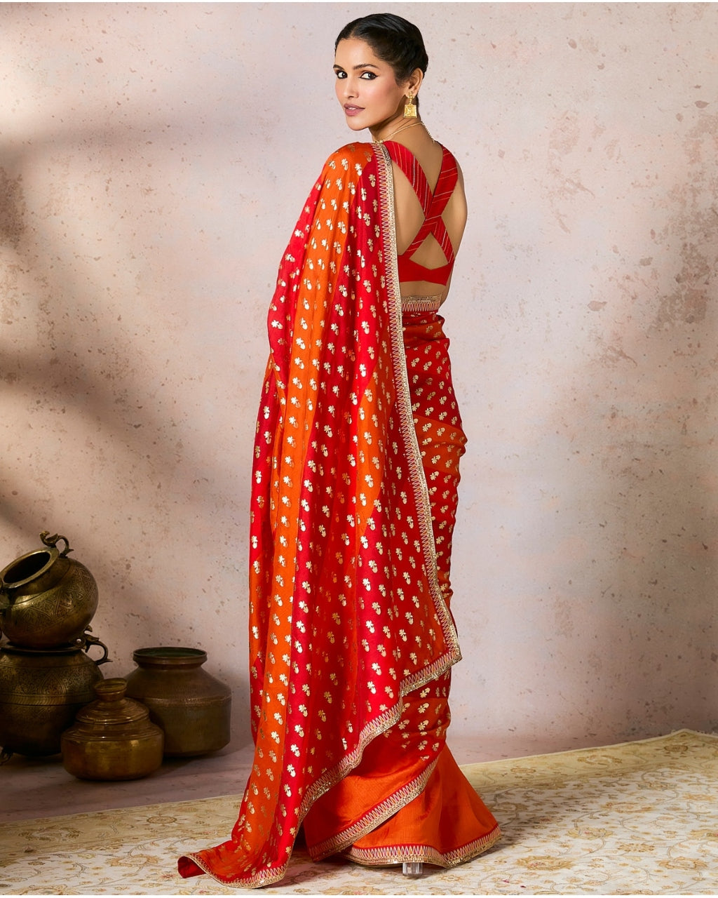 Rust Stripe Foil Sari Set