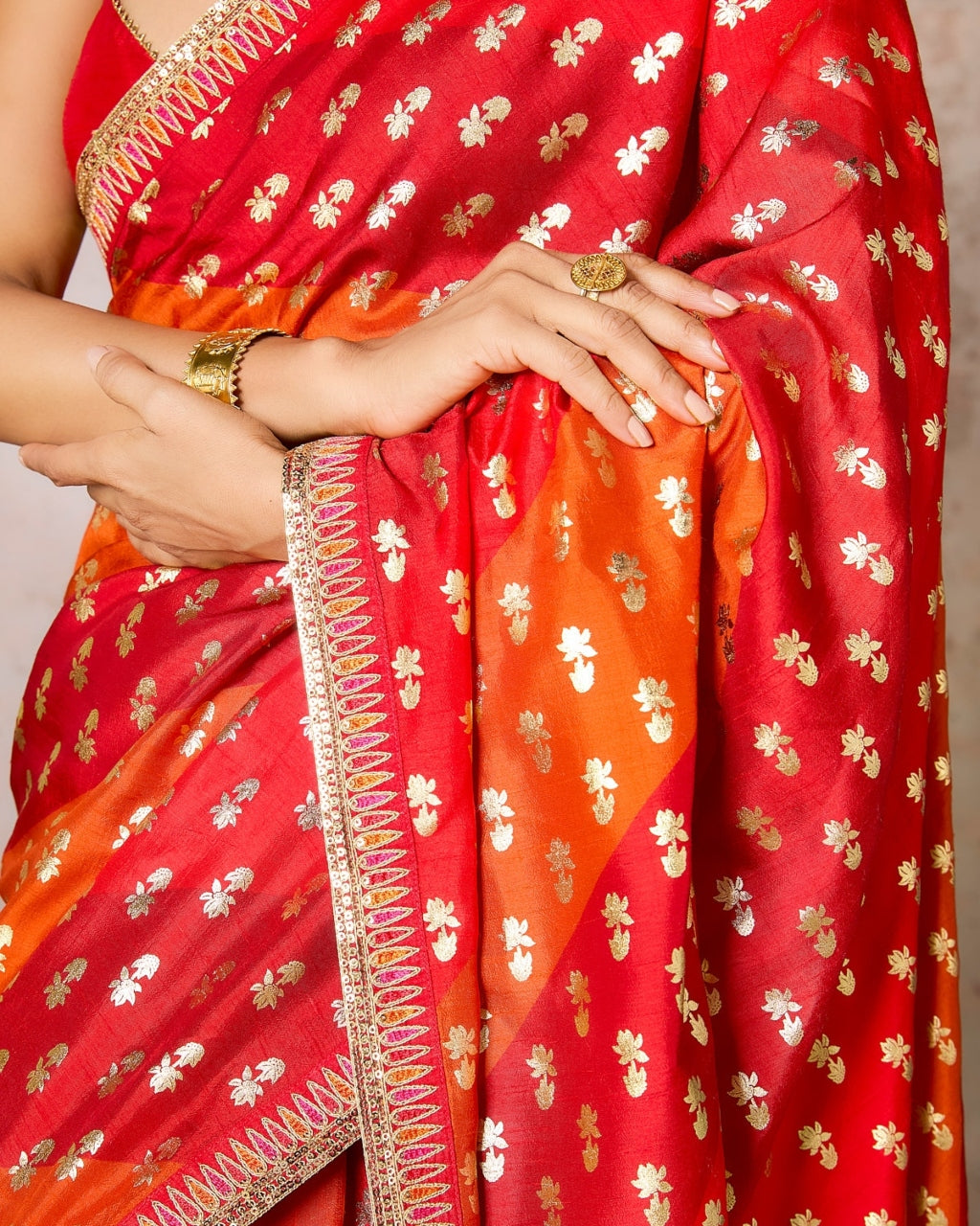 Rust Stripe Foil Sari Set