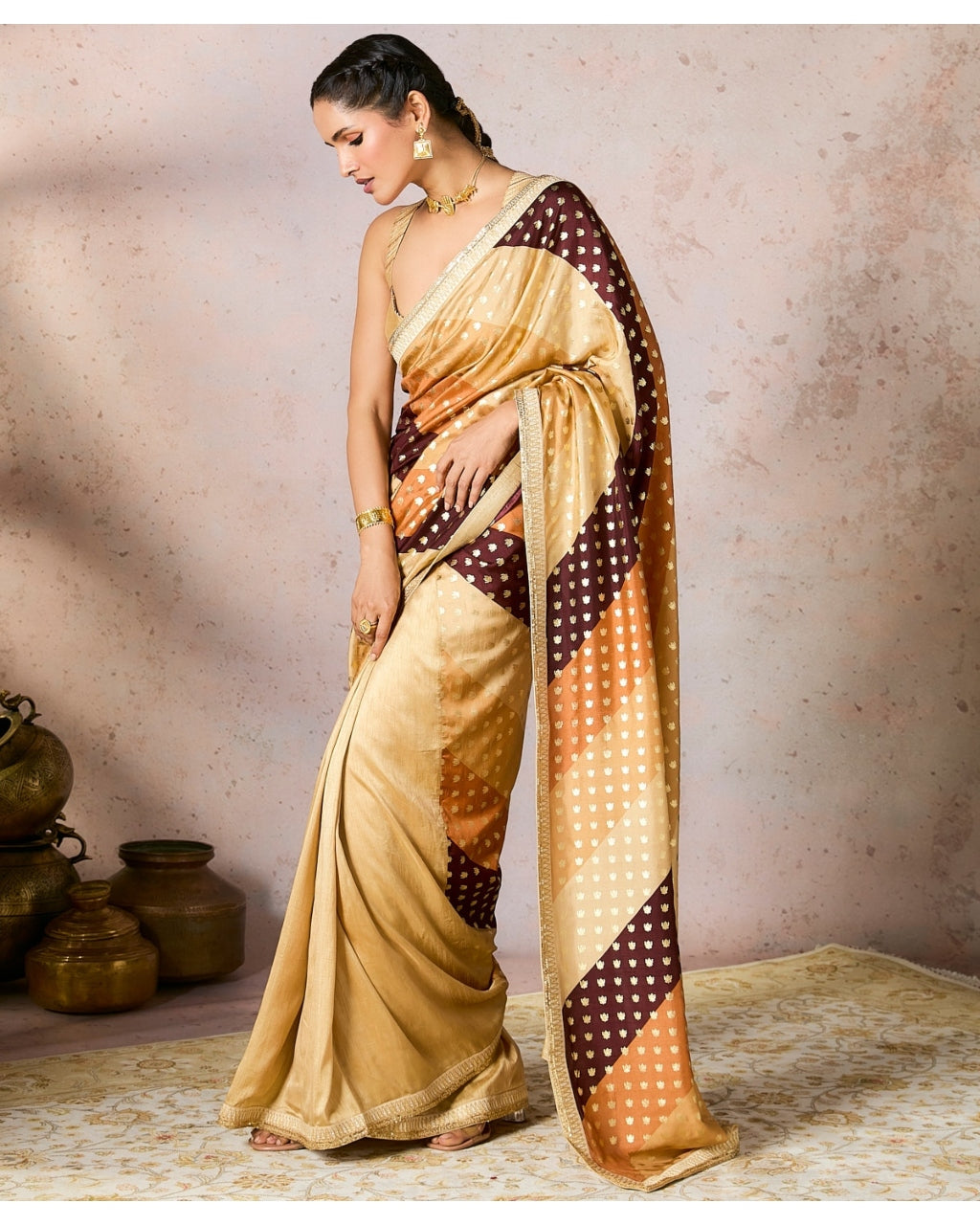 Beige Stripe Foil Sari Set