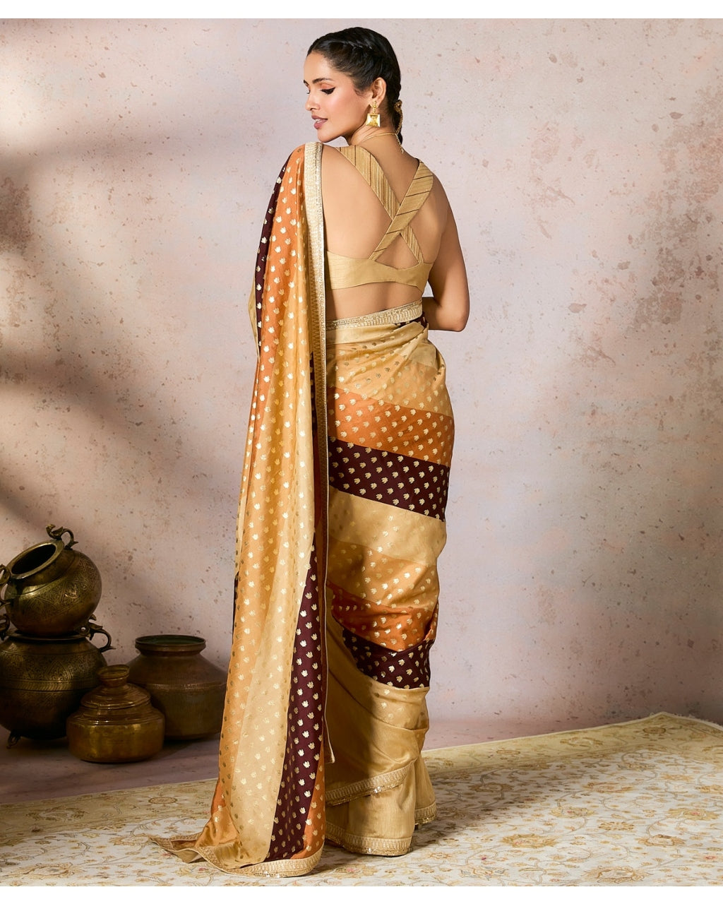 Beige Stripe Foil Sari Set