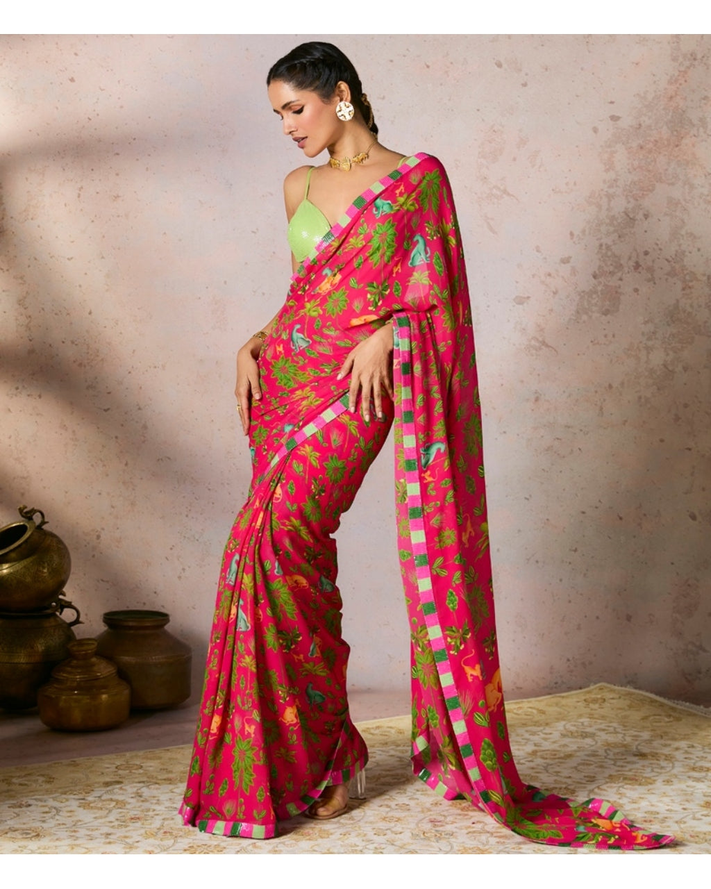 Pink Tropical Rhapsody Sari Set