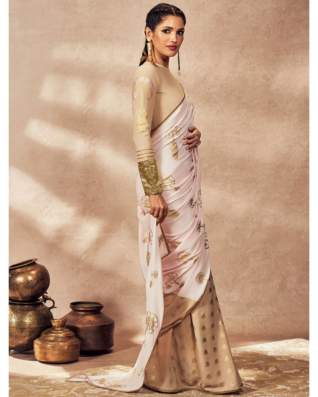 Beige And Pink Traveler's Palm Sari Set