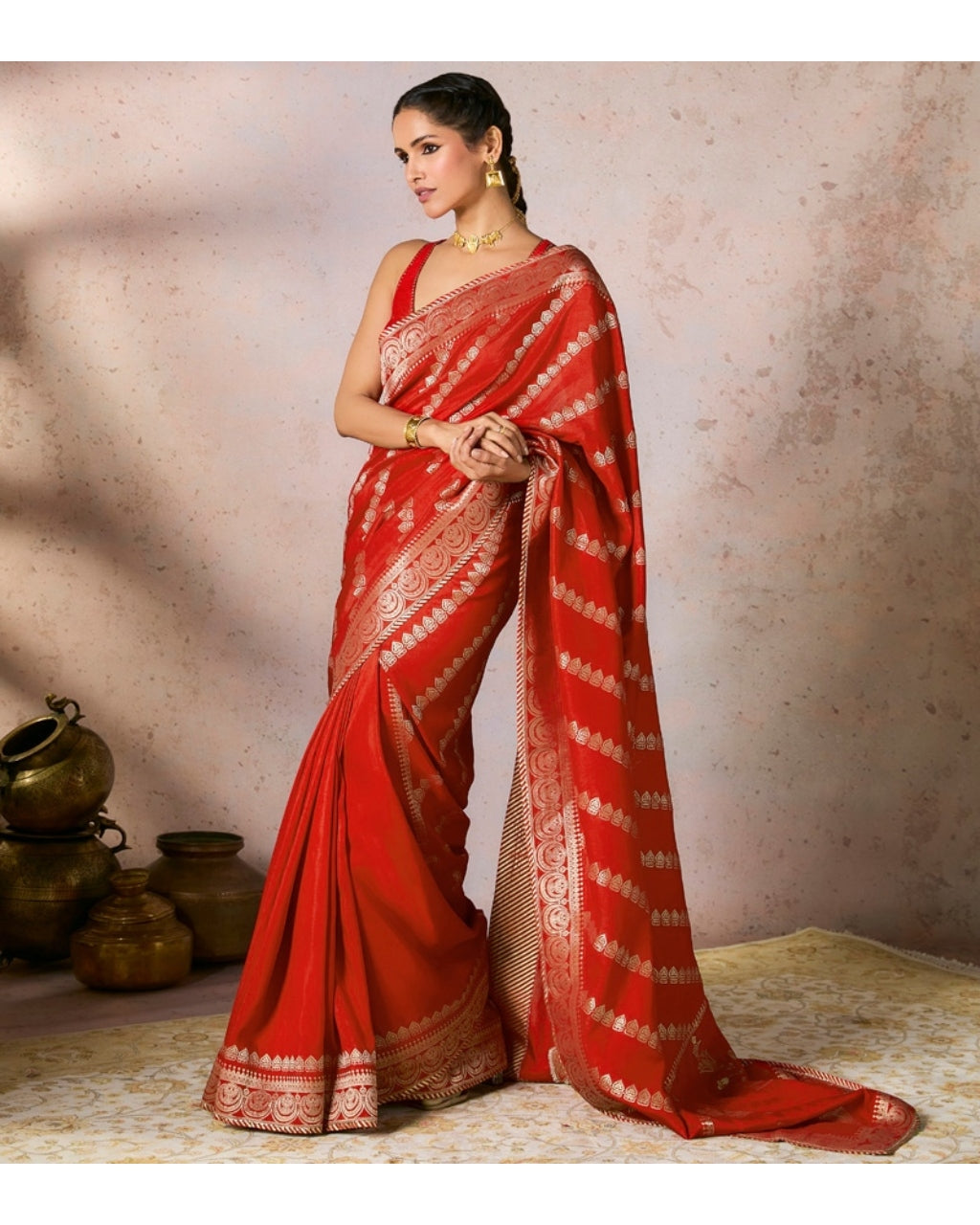 Red Jacquard Sari Set