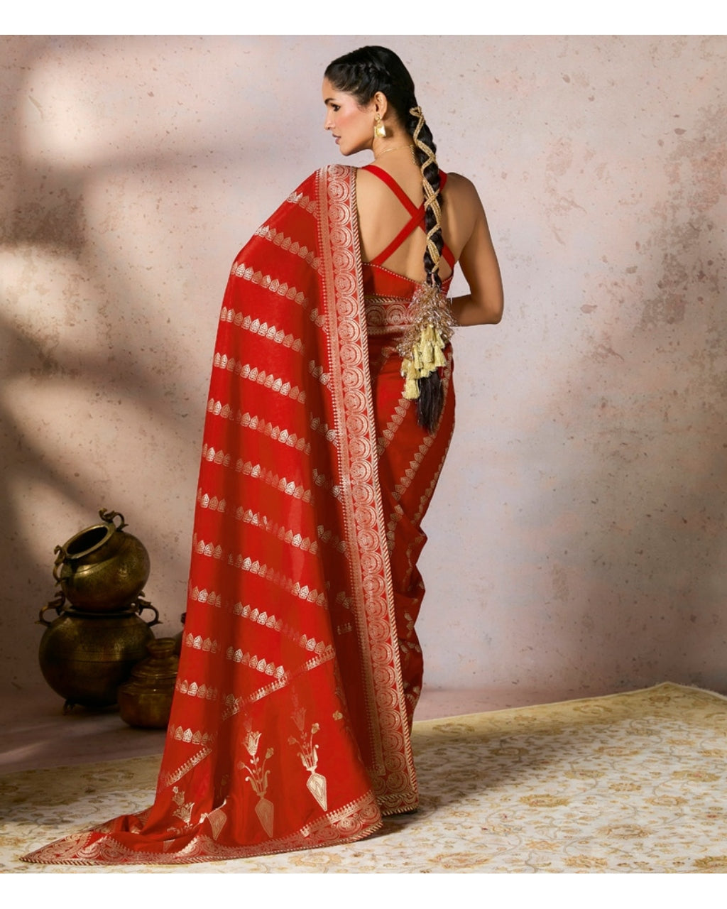 Red Jacquard Sari Set