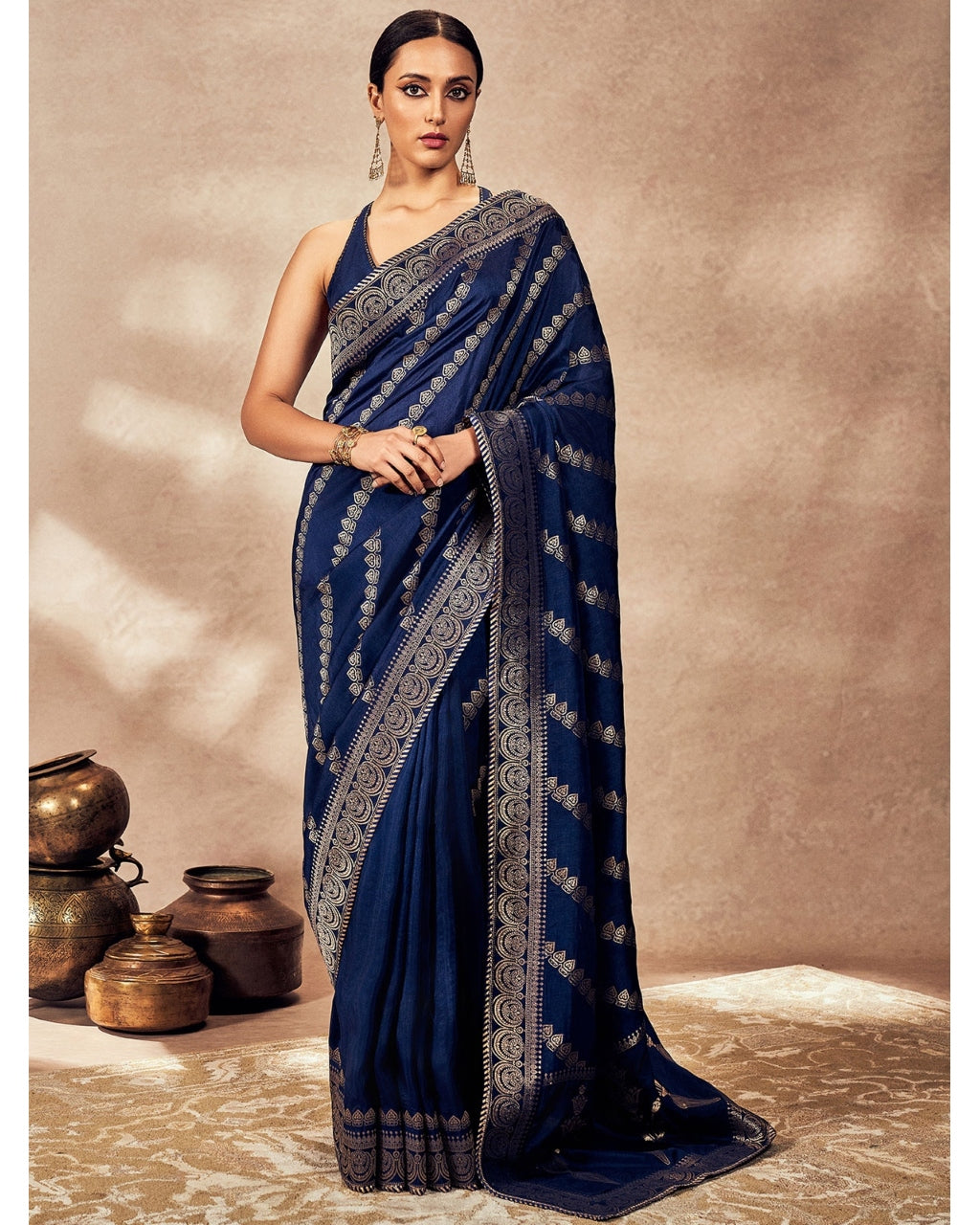 Navy Blue Jacquard Sari Set