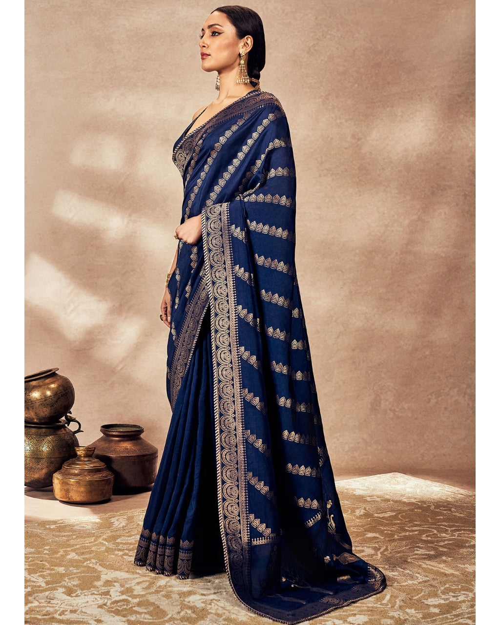 Navy Blue Jacquard Sari Set