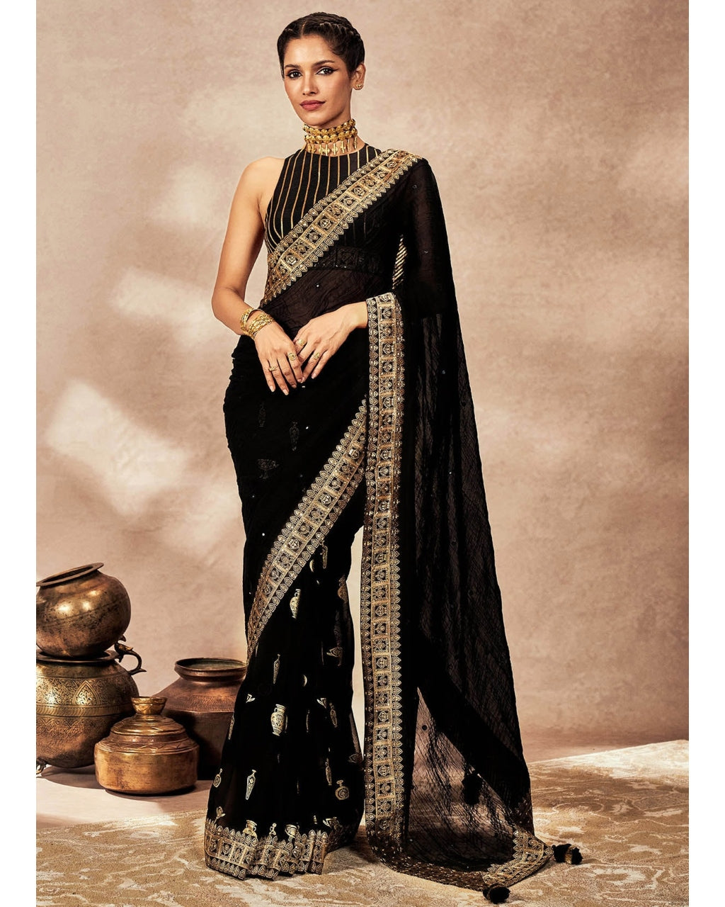 Black Potters Touch Crushed Sari Set