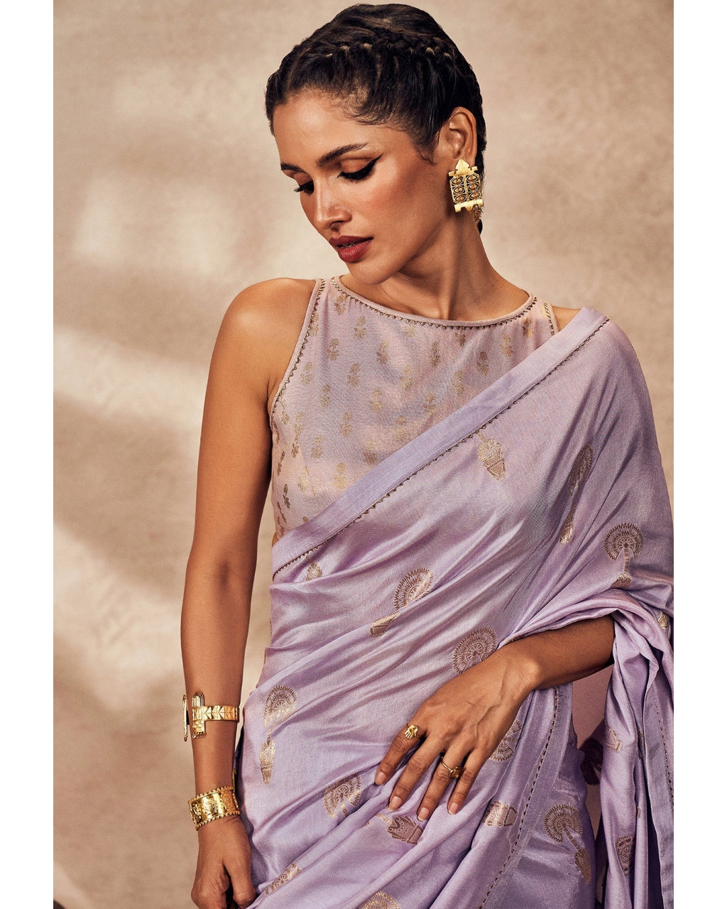 Lime And Lilac Jacquard Sari Set