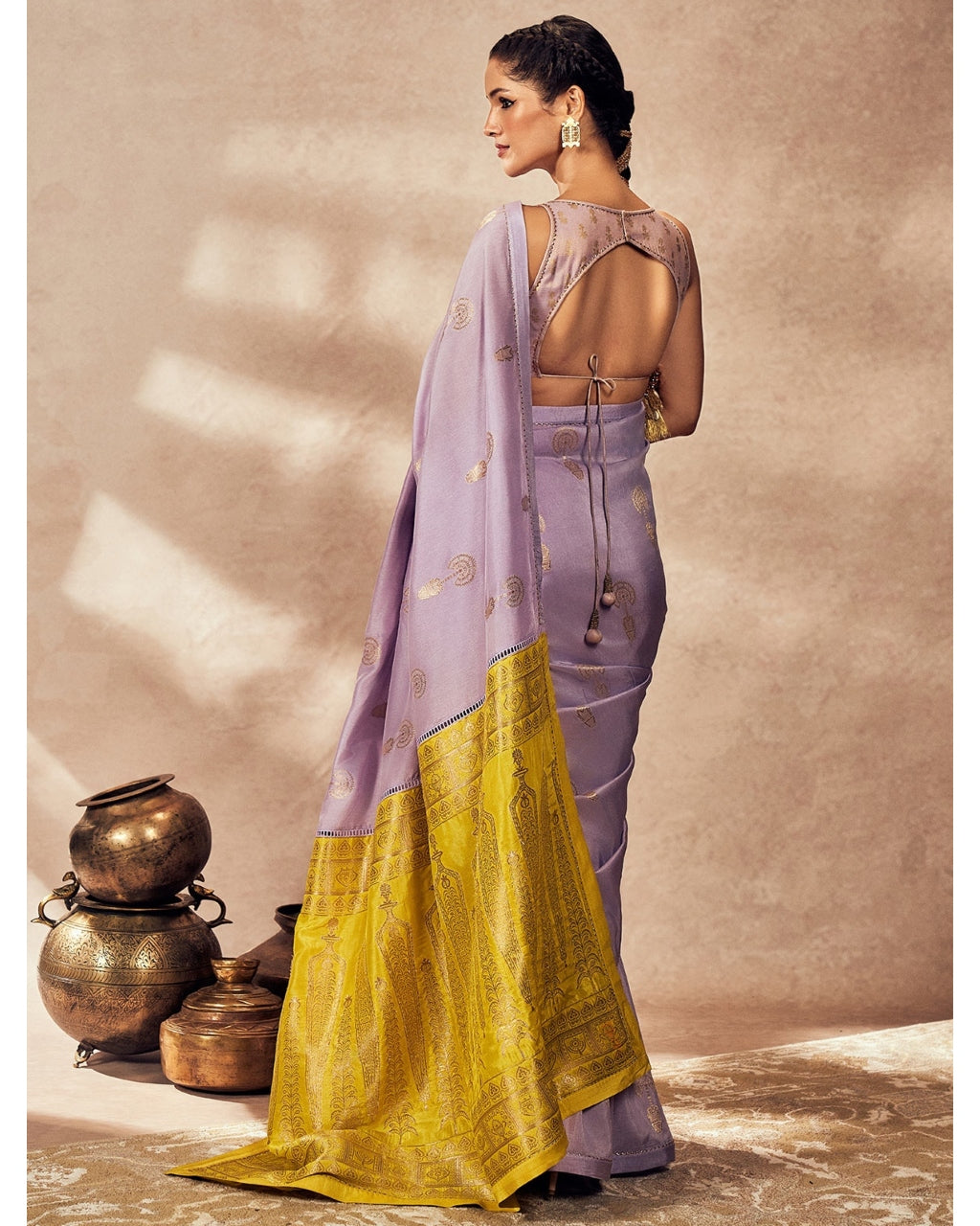 Lime And Lilac Jacquard Sari Set