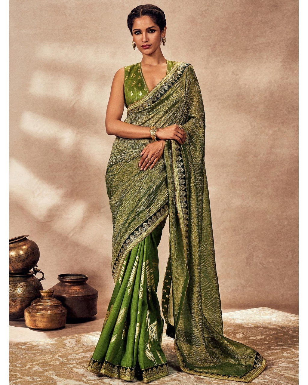 Green Palm Blooms Tissue Sari Set