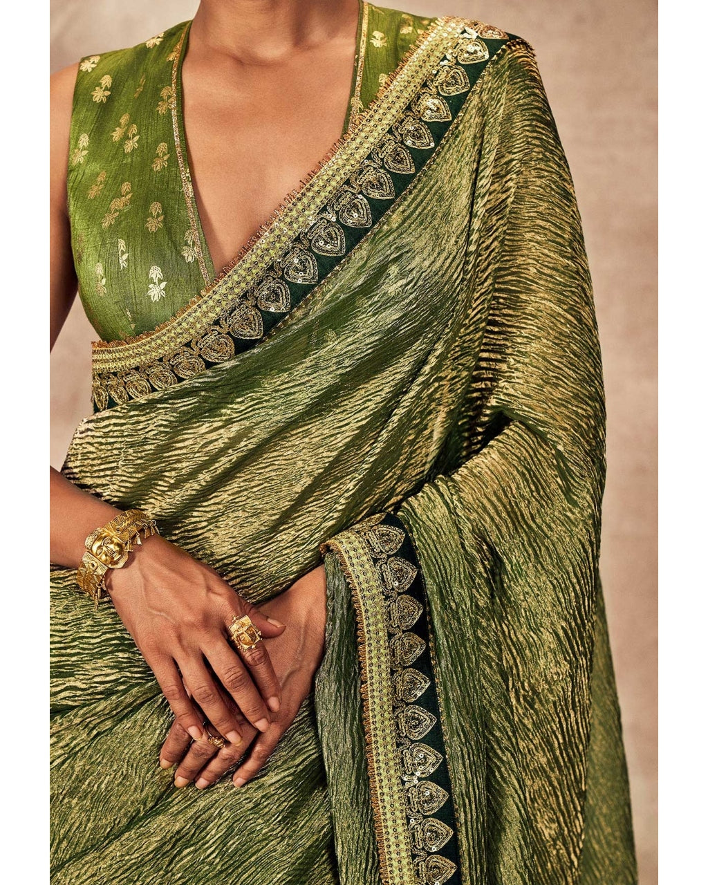 Green Palm Blooms Tissue Sari Set