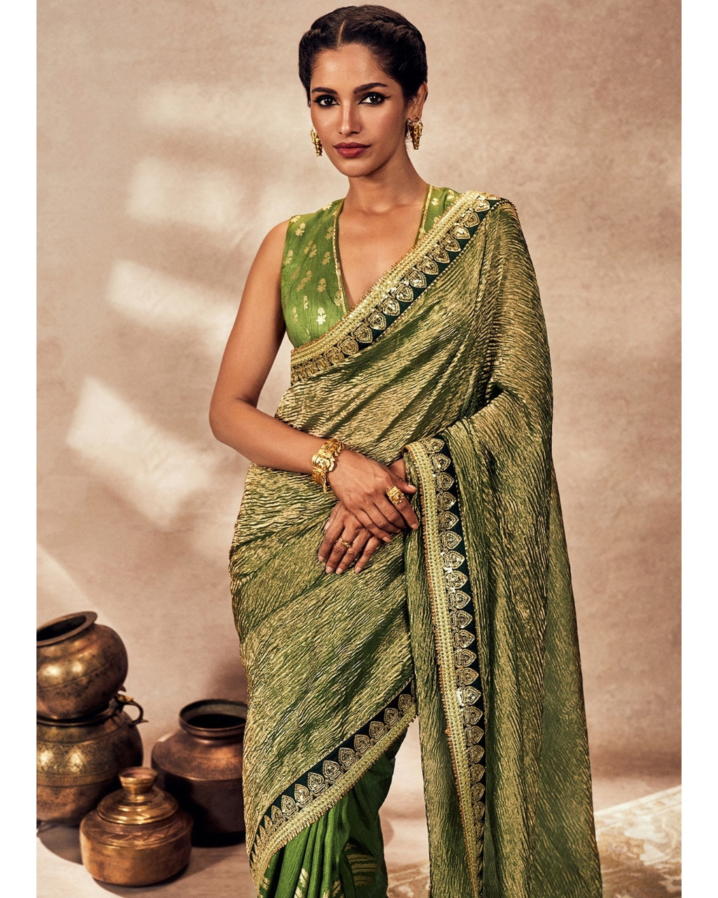 Green Palm Blooms Tissue Sari Set