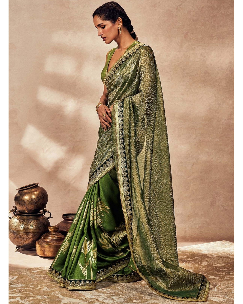 Green Palm Blooms Tissue Sari Set