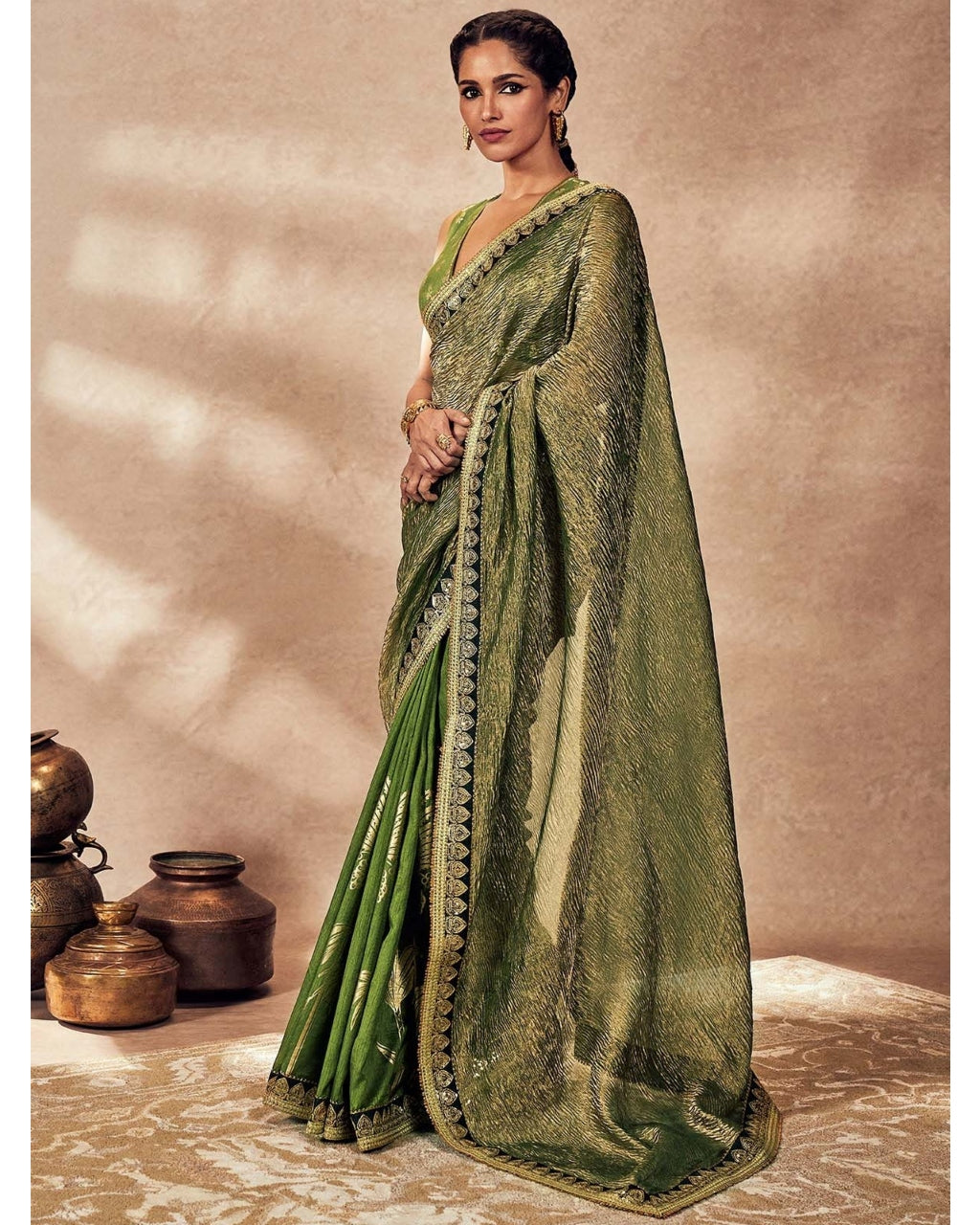 Green Palm Blooms Tissue Sari Set