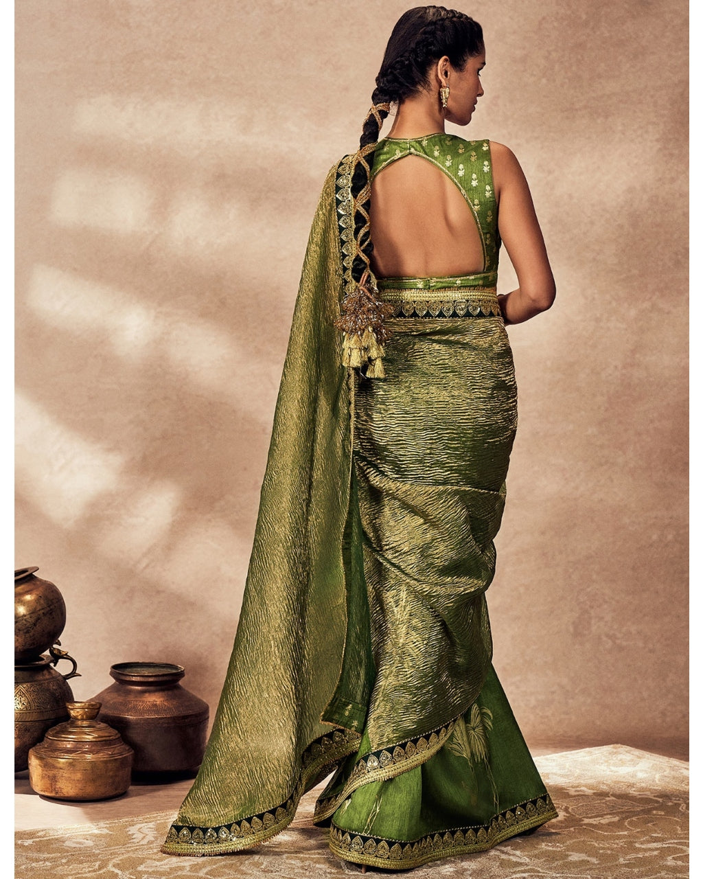 Green Palm Blooms Tissue Sari Set