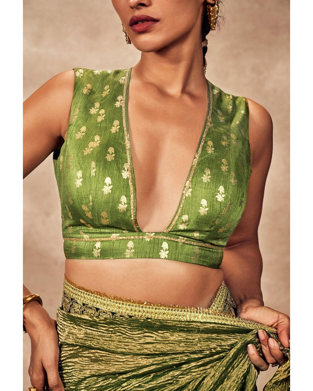 Green Palm Blooms Tissue Sari Set