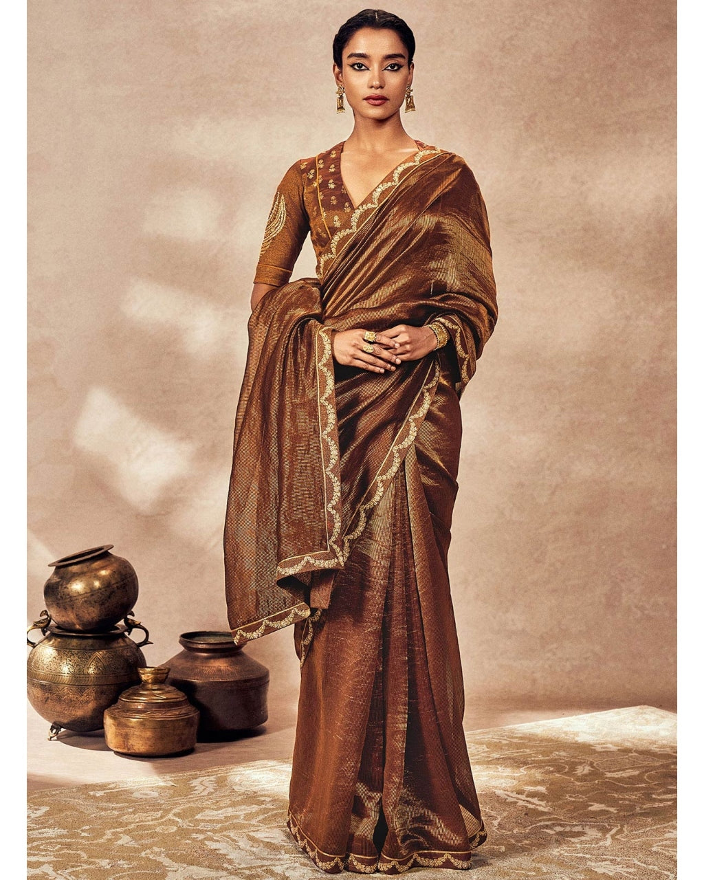 Brown Madakal Tissue Sari Set