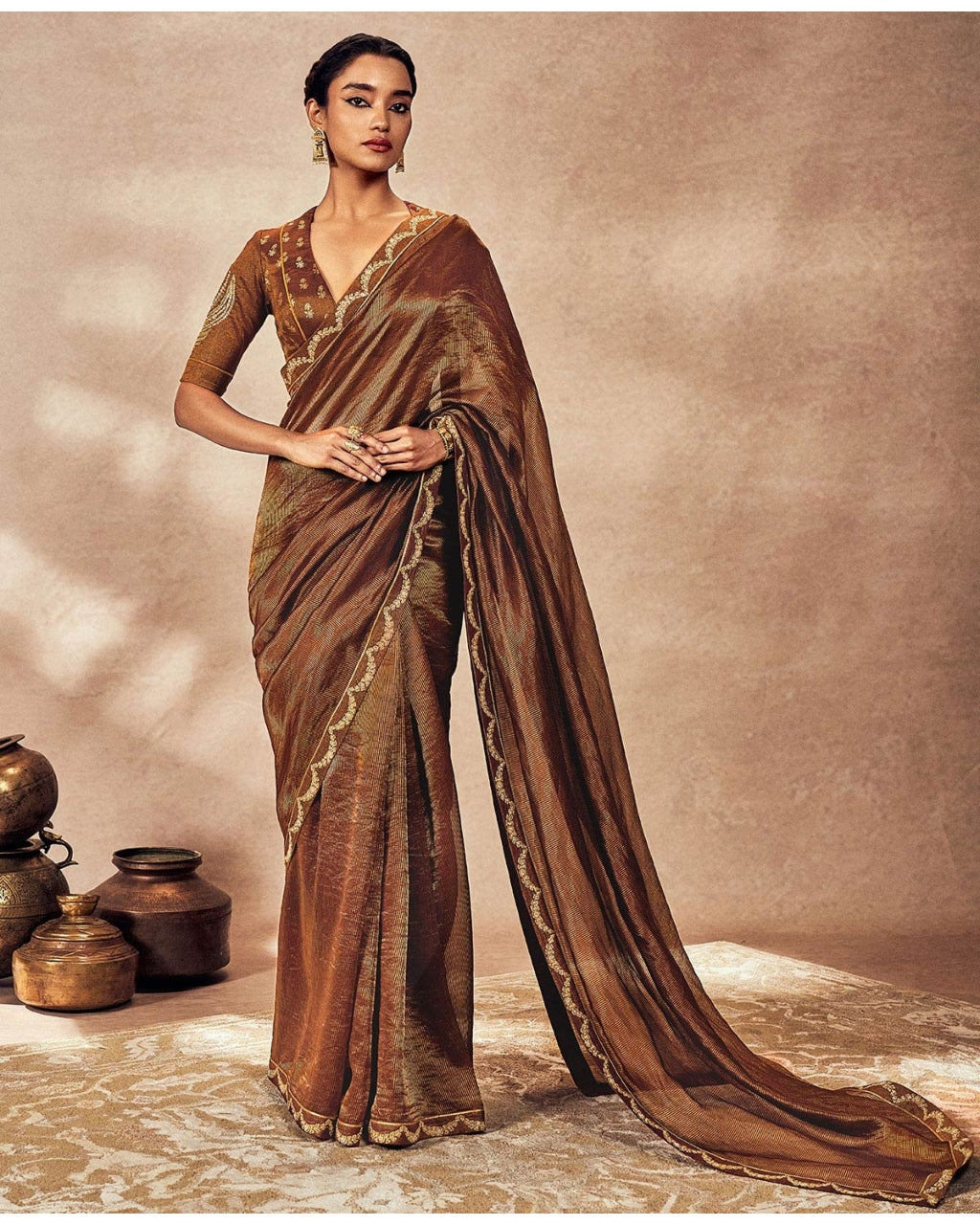 Brown Madakal Tissue Sari Set