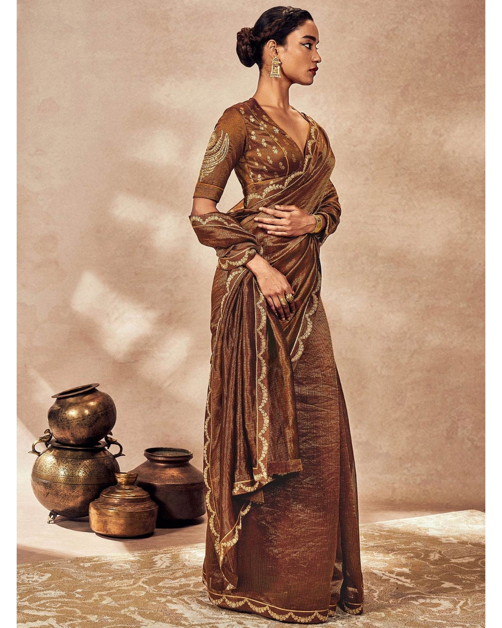 Brown Madakal Tissue Sari Set