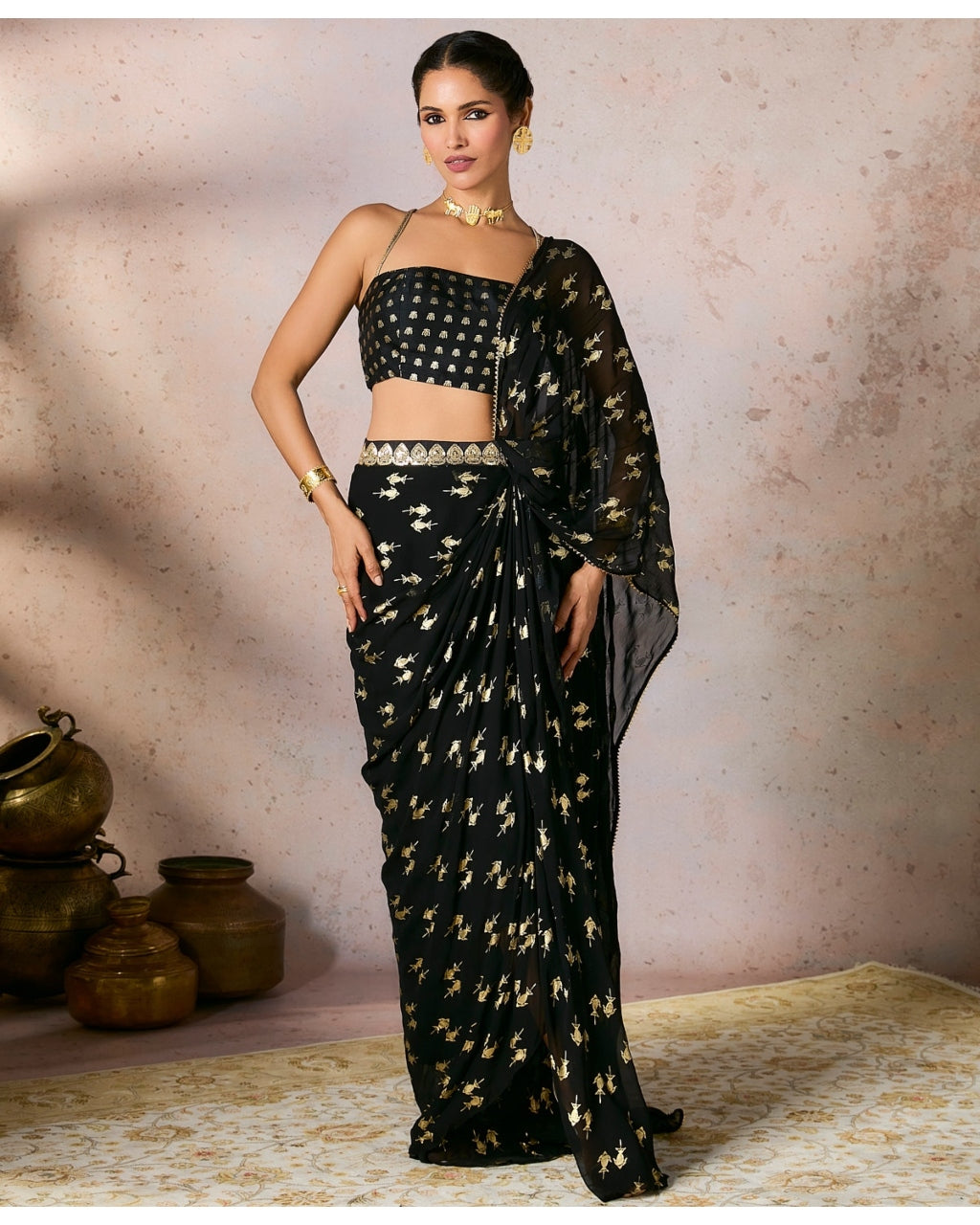 Black Mystic Drape Sari Set