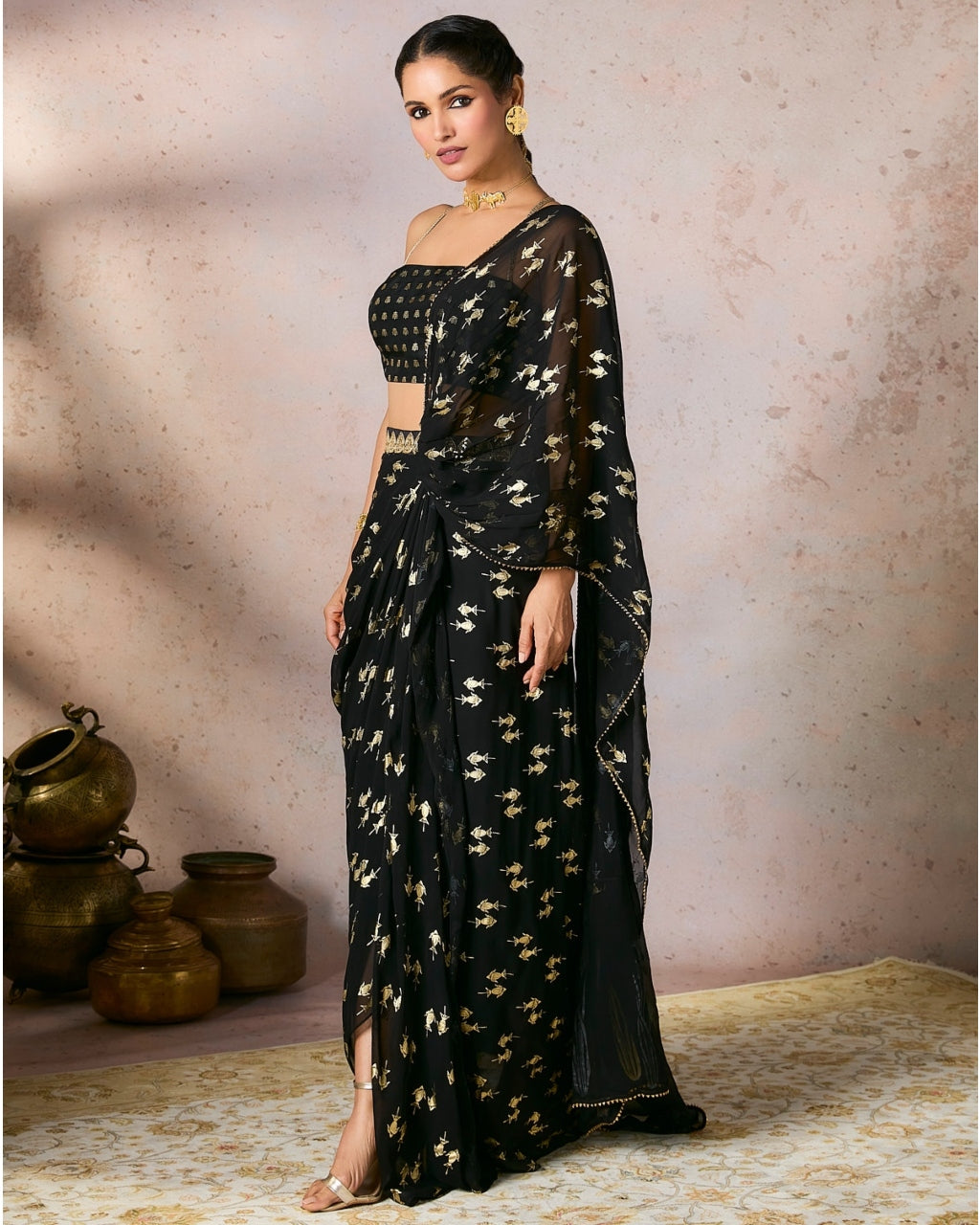 Black Mystic Drape Sari Set