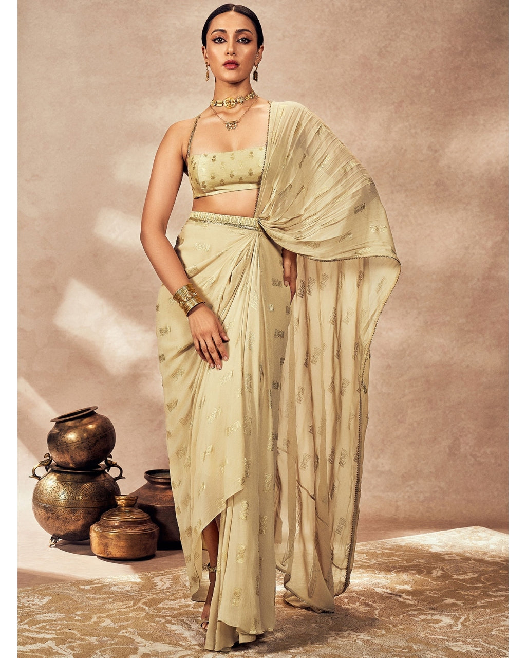 Beige Timber Tribe Drape Sari Set