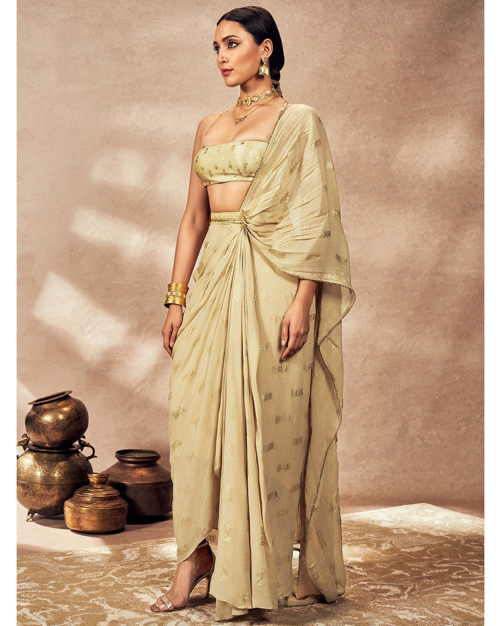 Beige Timber Tribe Drape Sari Set