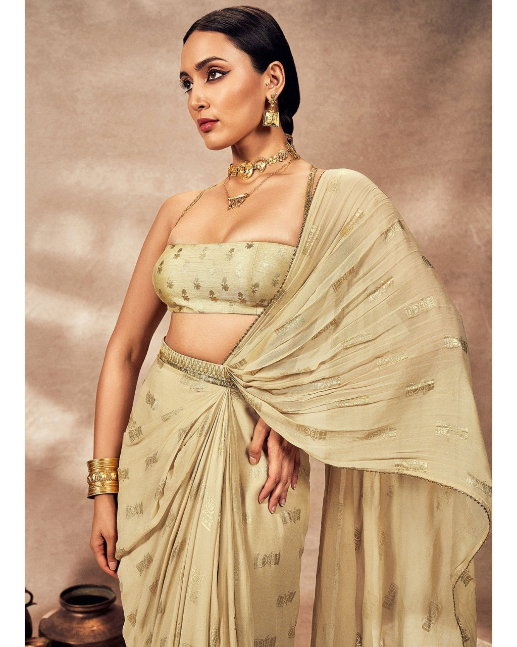 Beige Timber Tribe Drape Sari Set