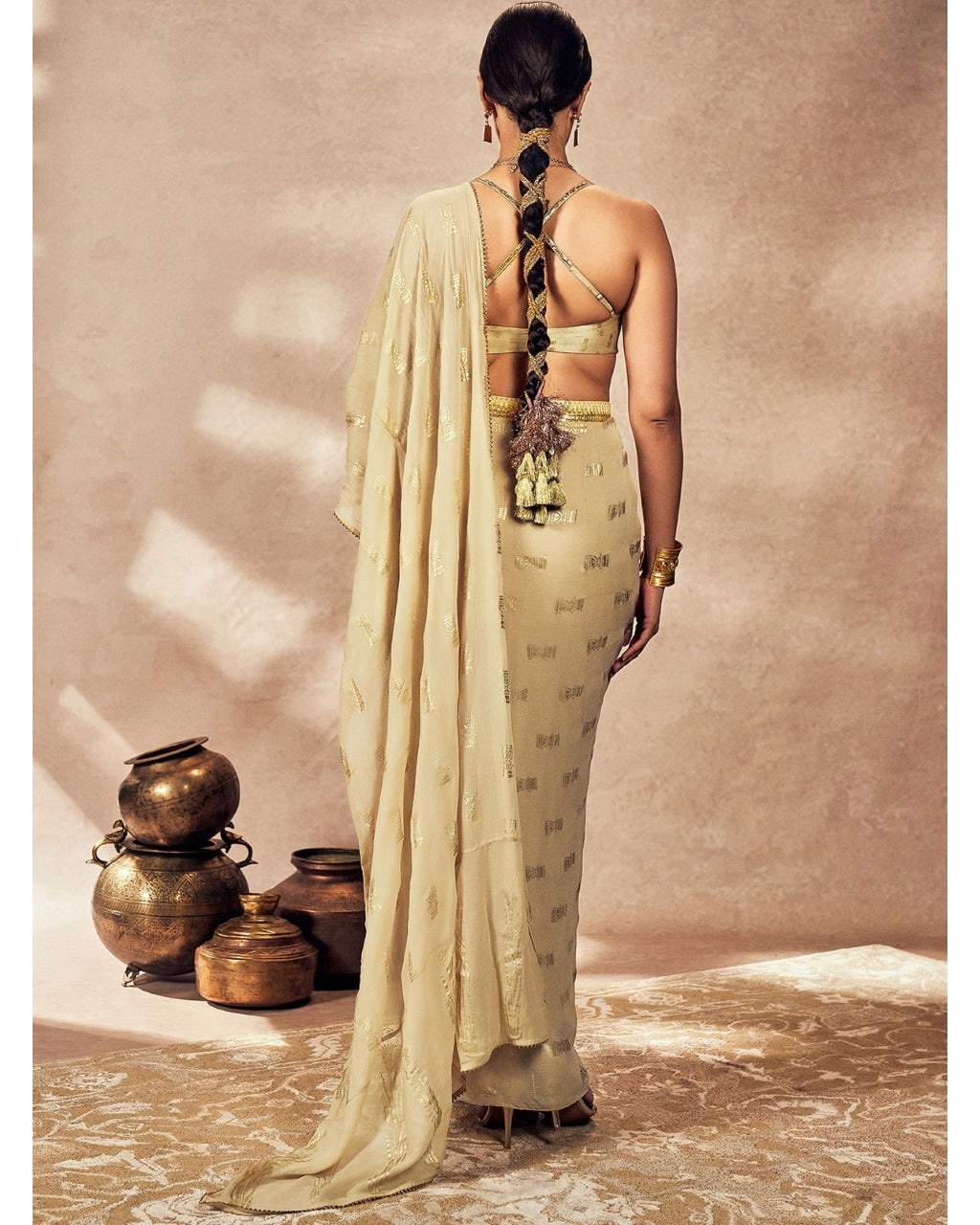 Beige Timber Tribe Drape Sari Set