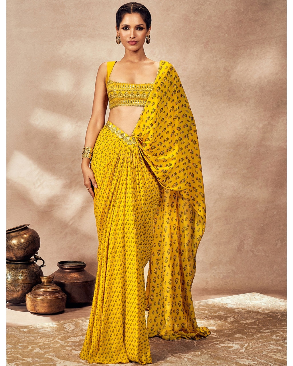 Yellow Pixie Dust Drape Sari Set