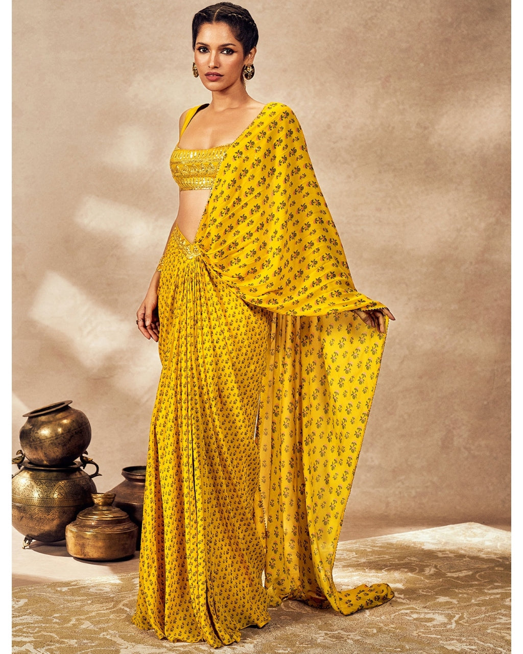 Yellow Pixie Dust Drape Sari Set